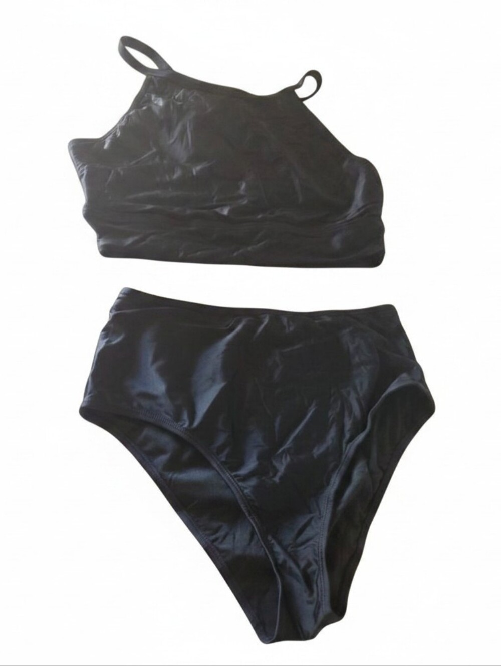 Black High-Waisted Athletic Bikini Set Adjustable Strap 2 Piece Size L Women